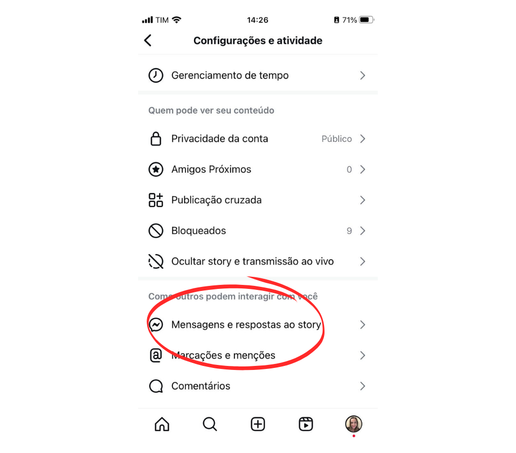 Acesse a opção mensagens e respostas Story - tirar o online do Instagram