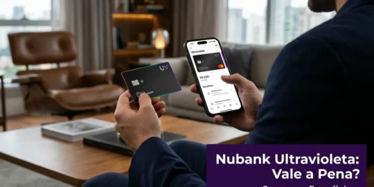 Pessoa com cartão Nubank Ultraviolet e app no smartphone